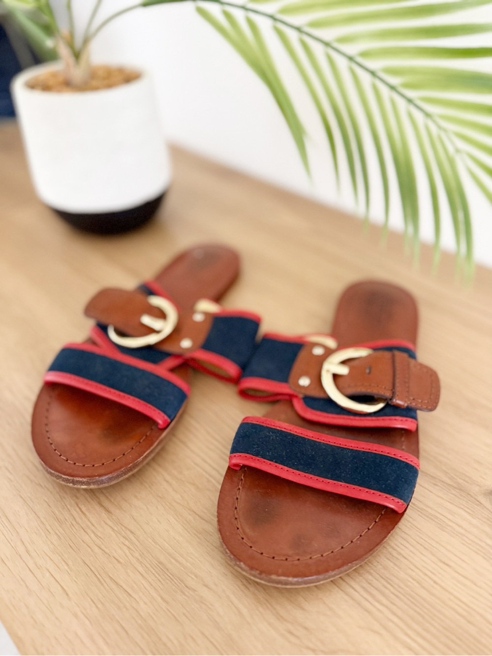 Coach Savannah Vachetta Leather Brown/Blue/Red Slide Sandals Size 5.5 - Picture 2 of 6